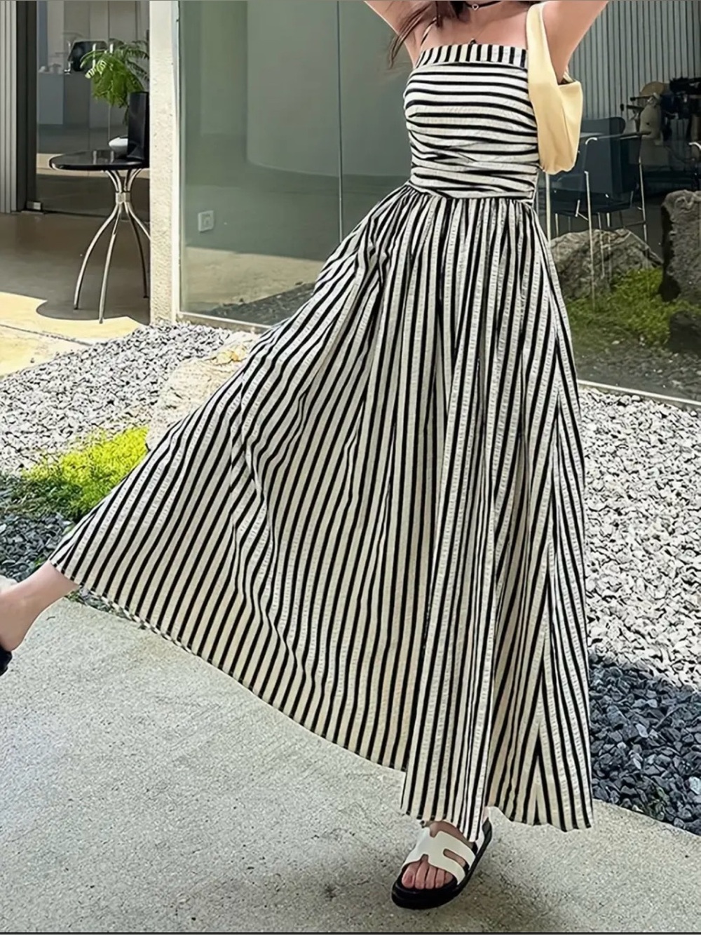 Striped Print Dress Strapless Ruched Bodice (SKU618)